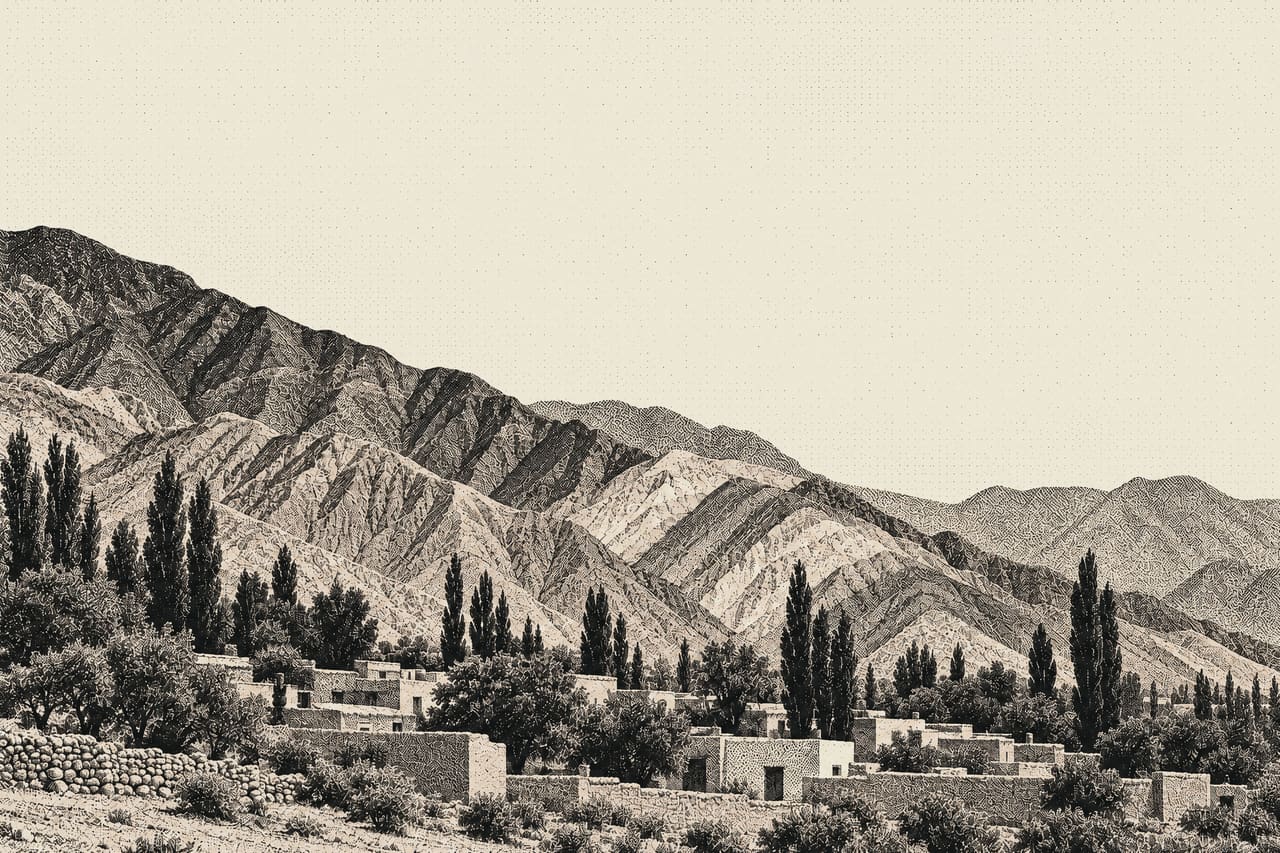 Grabado en blanco y negro de una quebrada con casas bajas y álamos